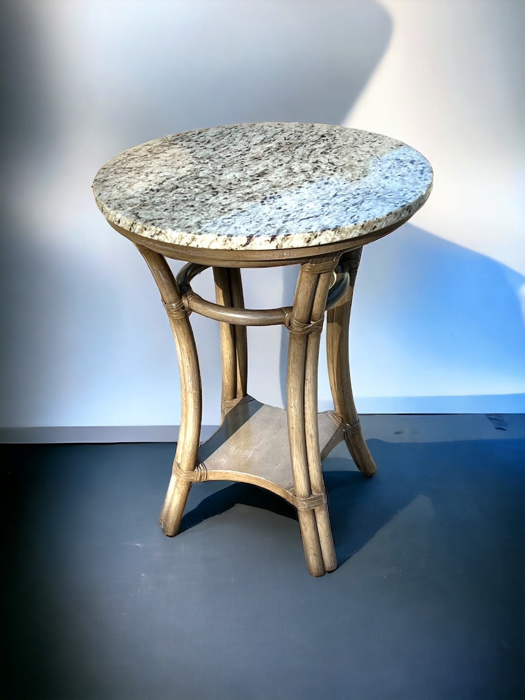 Rattan side table- marble top – Upscale Mercantile